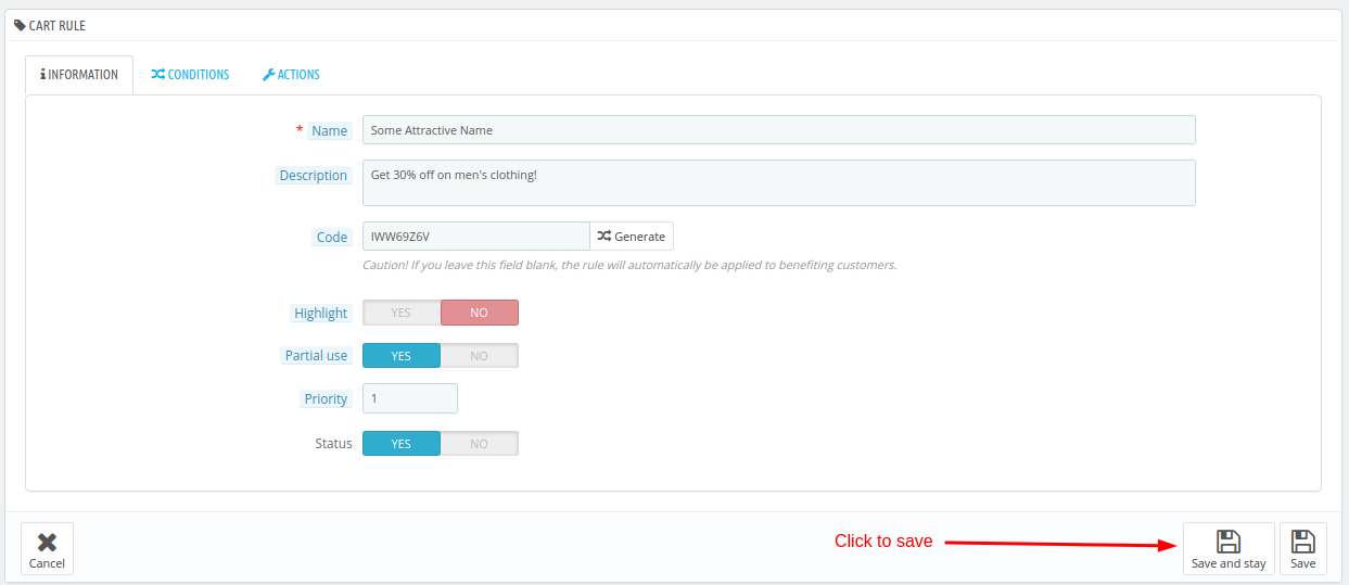 Create Cart Rule in Prestashop