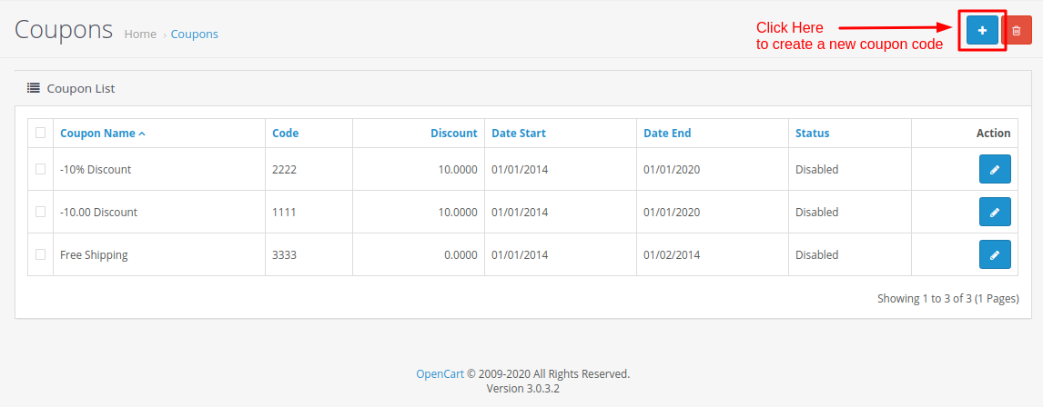 Create a new coupon code in Opencart