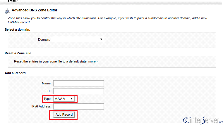 screen shot of adding AAAA record inside advanced zone editor inside cPanel