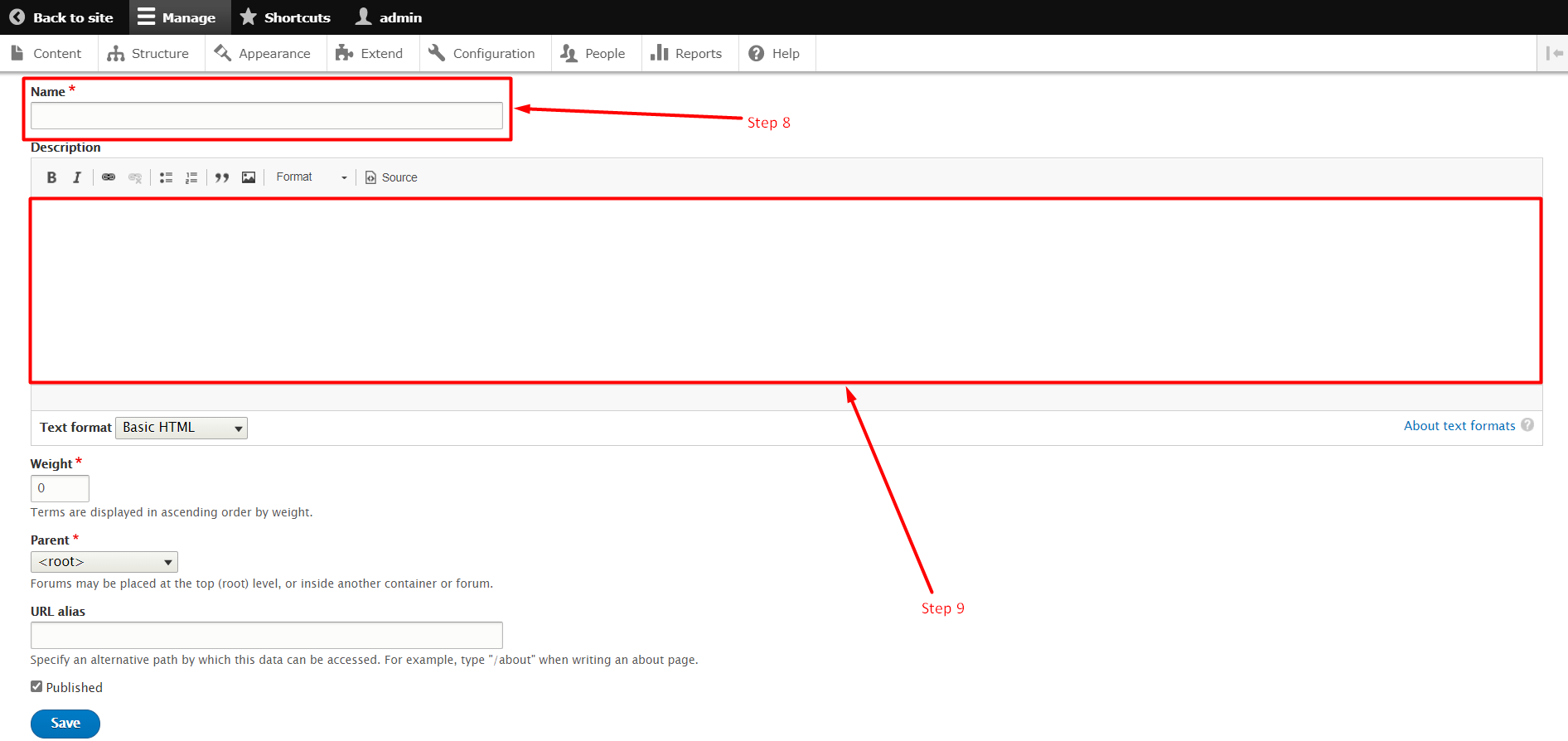 How to create a forum in Drupal - Step 8 and 9