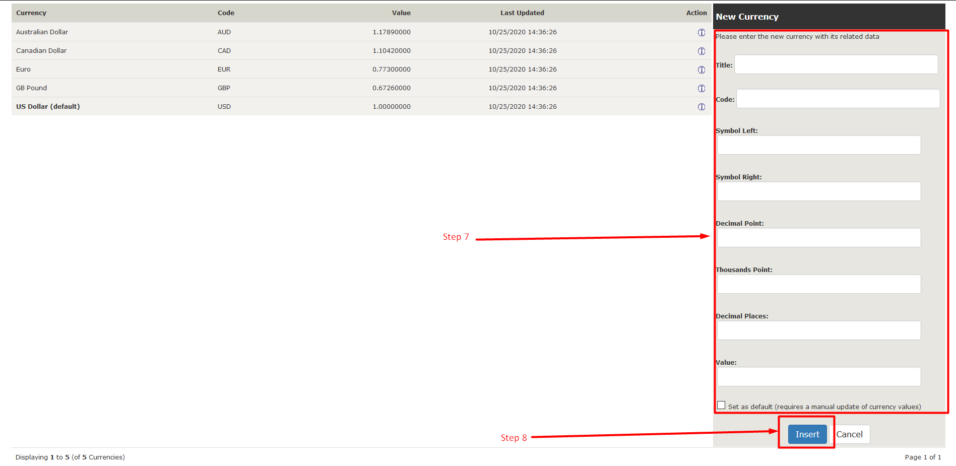 How to add currencies in Zencart - Step 7 and 8