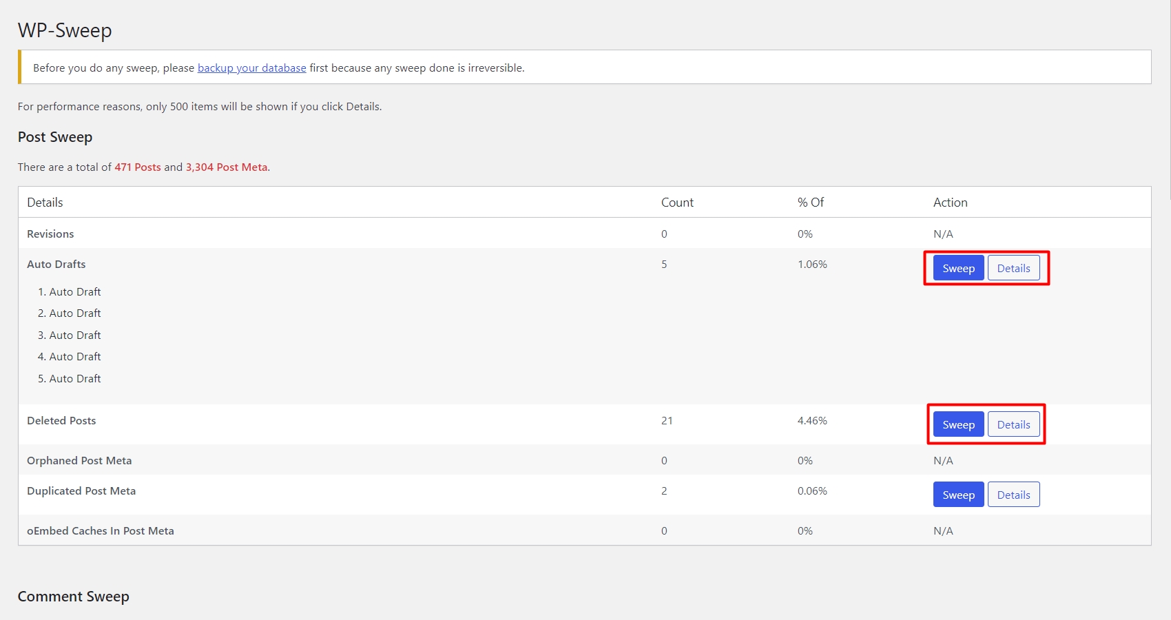 List of optimisations available in WP Sweep