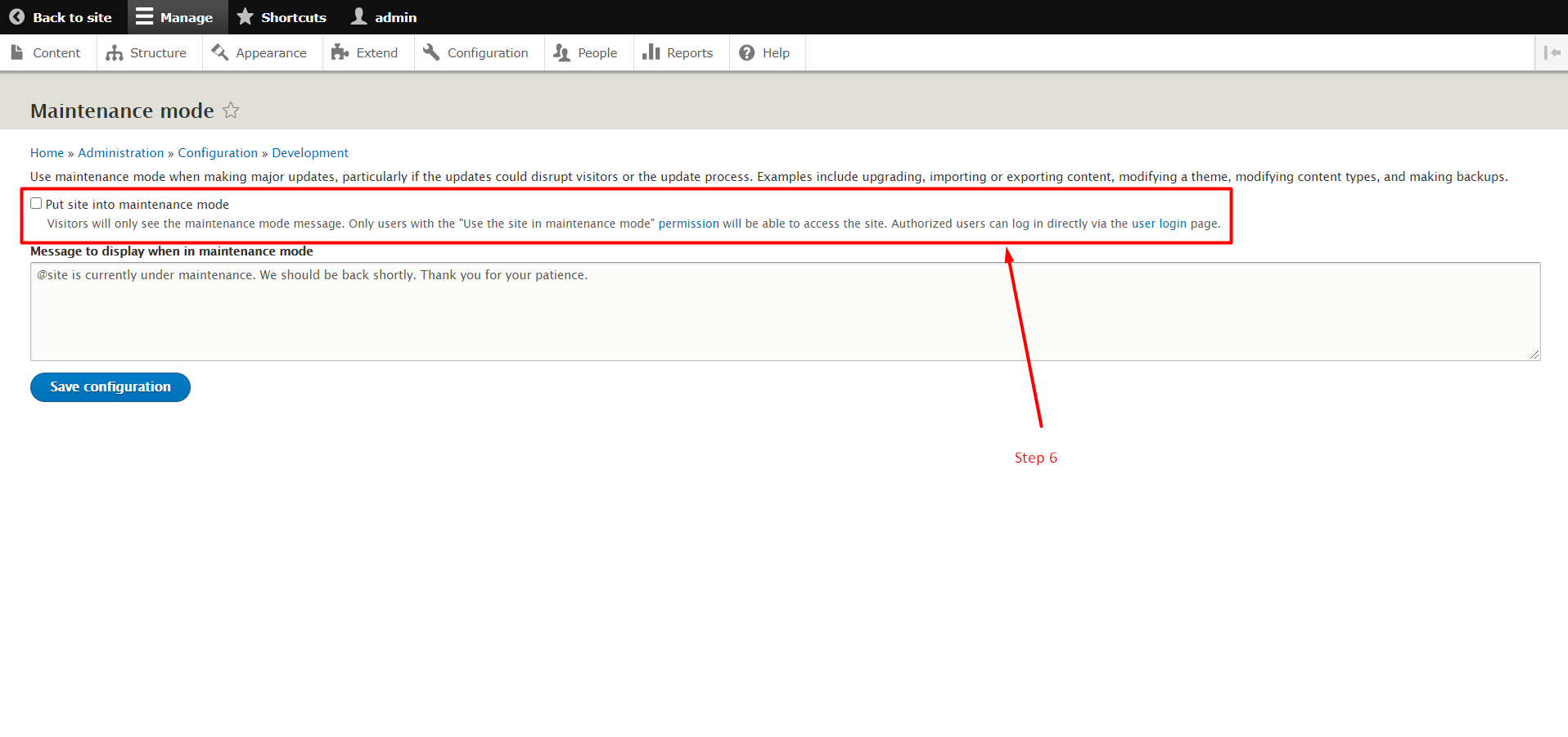 Enable maintenance mode in Drupal - Step 6