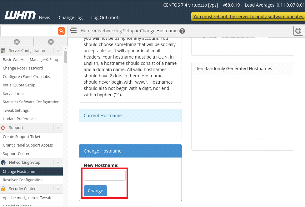 Change Hostname from WHM