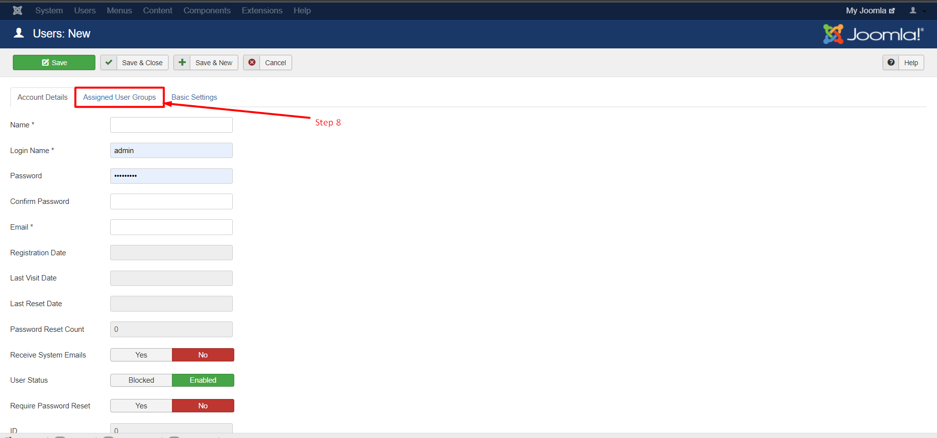 How to create a user group in Joomla - Step 8