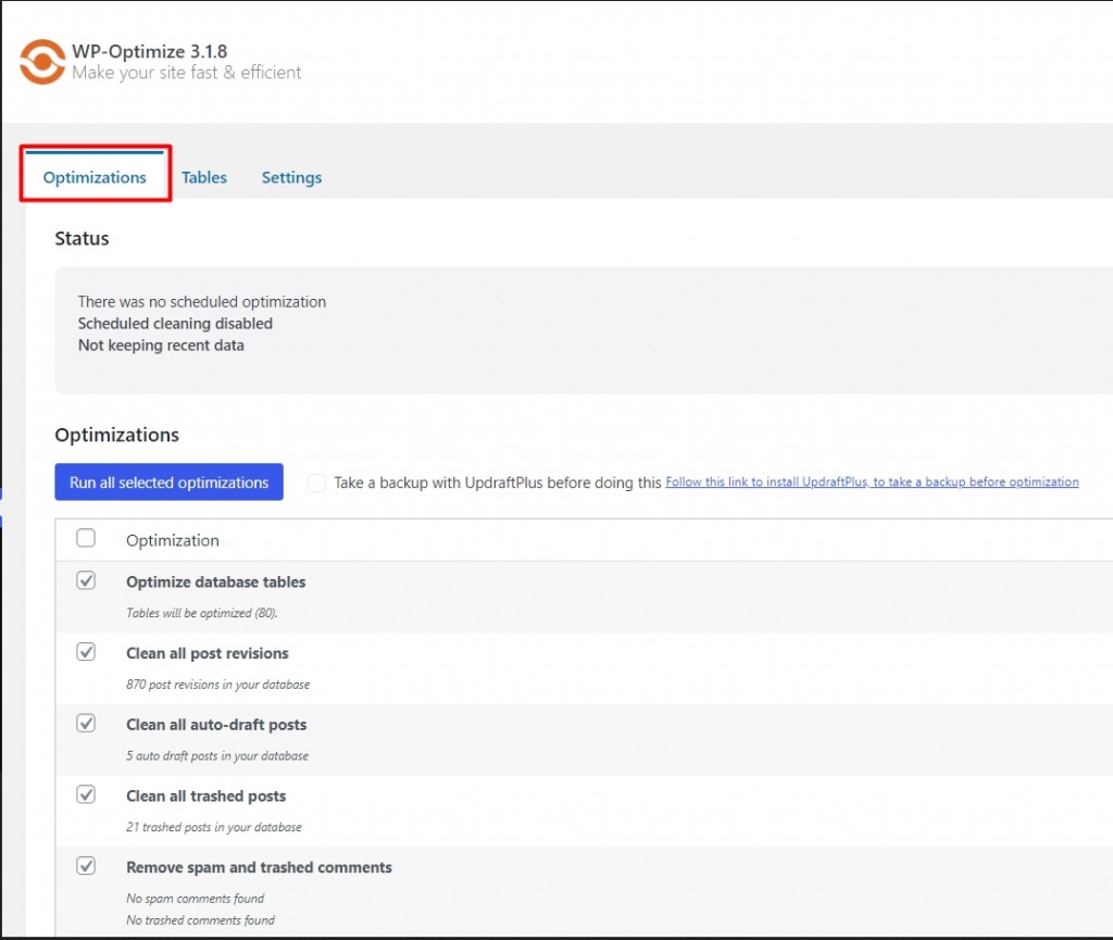 Clean Database with WP-Optimize - Step 1