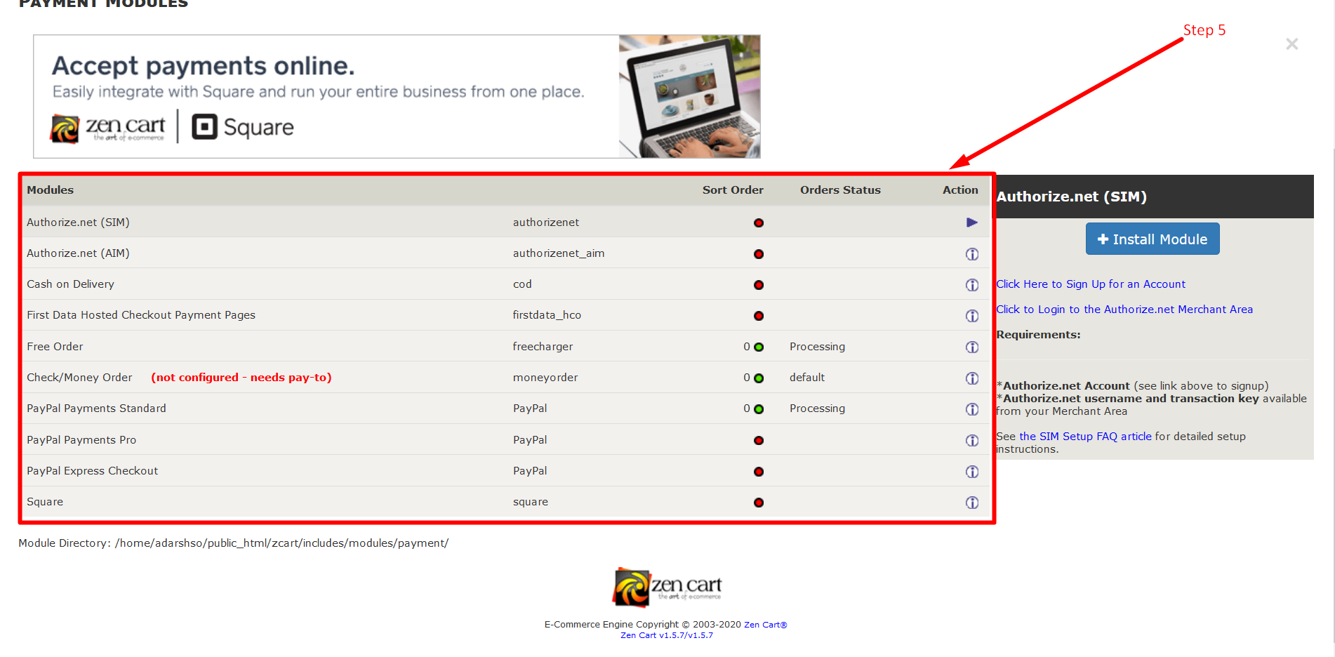 How to install Payment module in ZenCart - Step 5