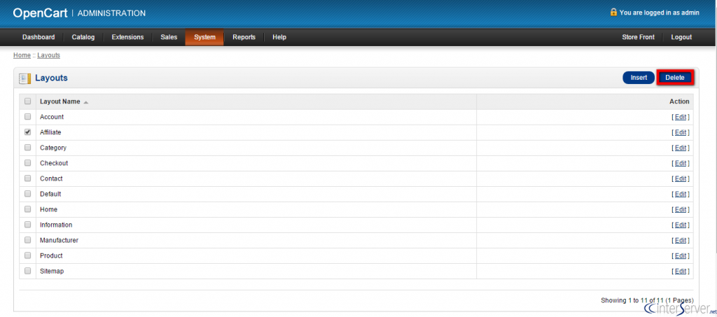Manage layouts in OpenCart