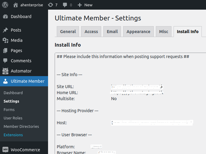 Installation information in Ultimate Member