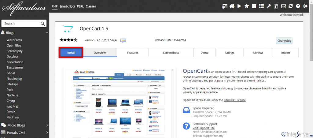 Install OpenCart from Softaculous
