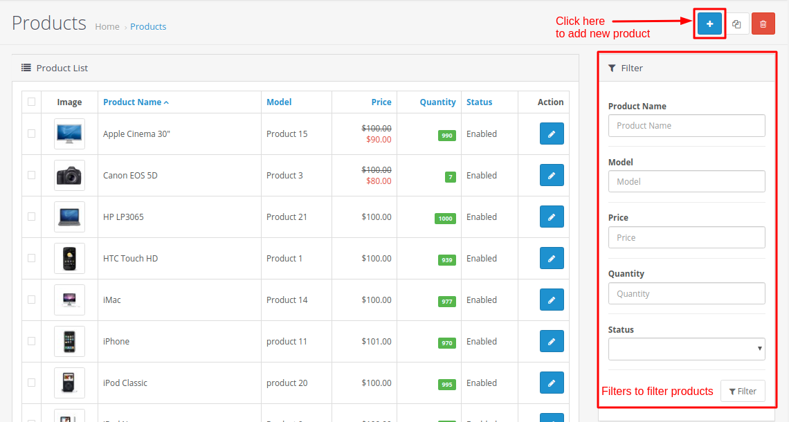 Product Listing page on OpenCart