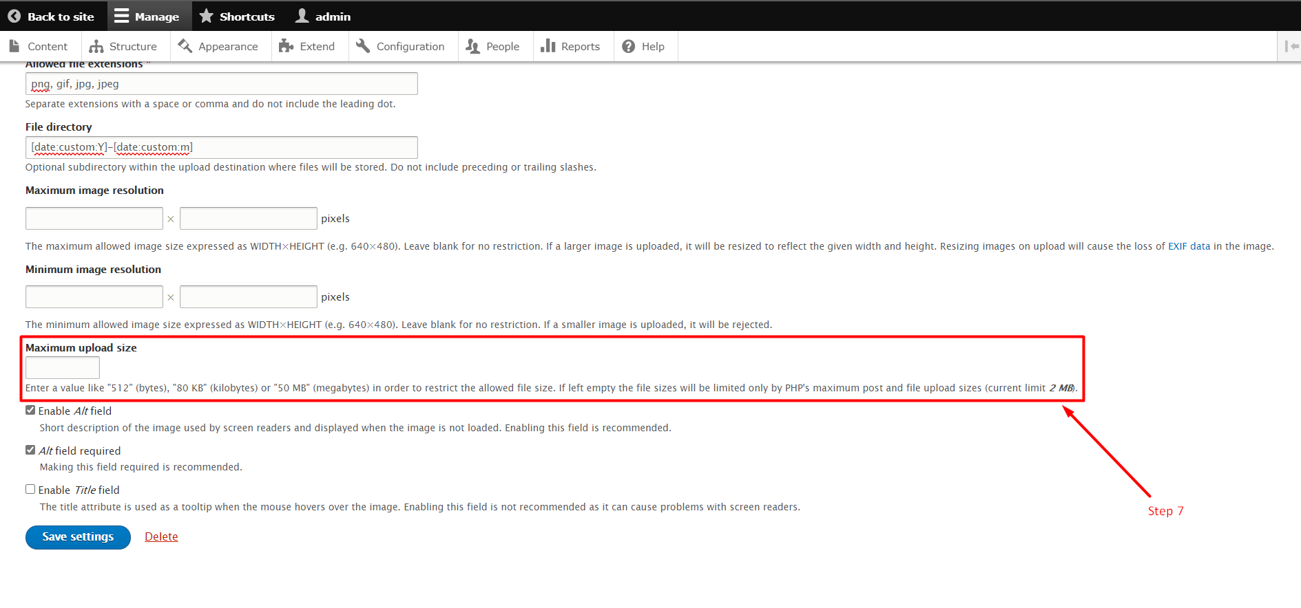 Set maximum file upload size in Drupal - Step 7