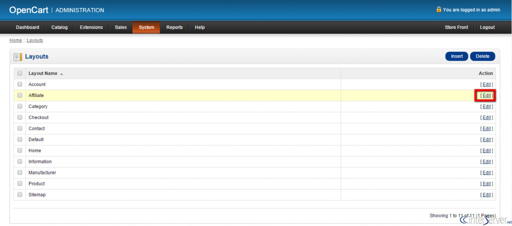 Manage layouts in OpenCart