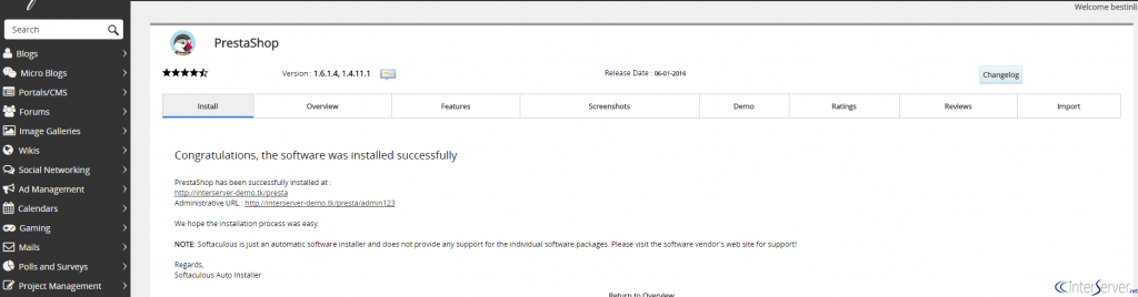 Install PrestaShop from softaculous