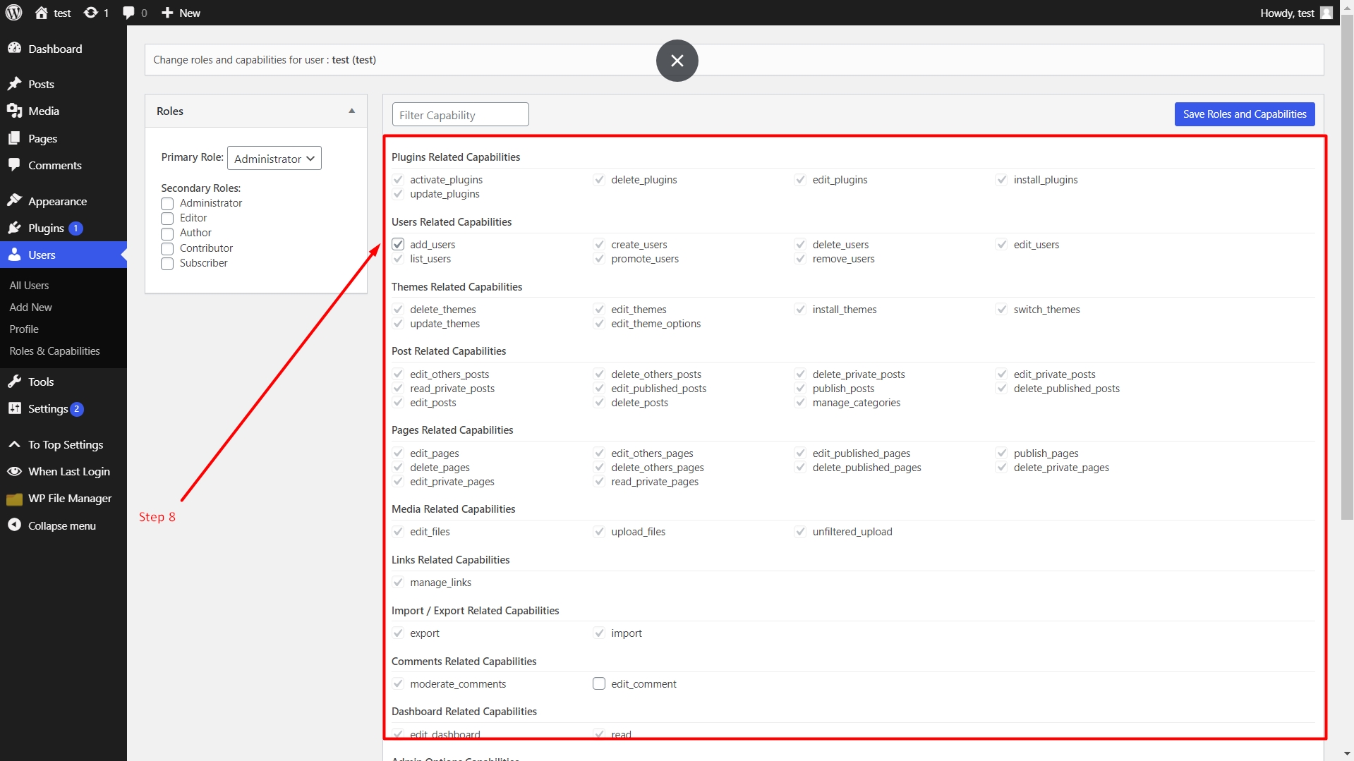 Manage capabilities of a specific user