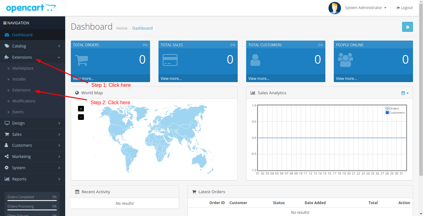 Install Extensions in OpenCart - Step 1
