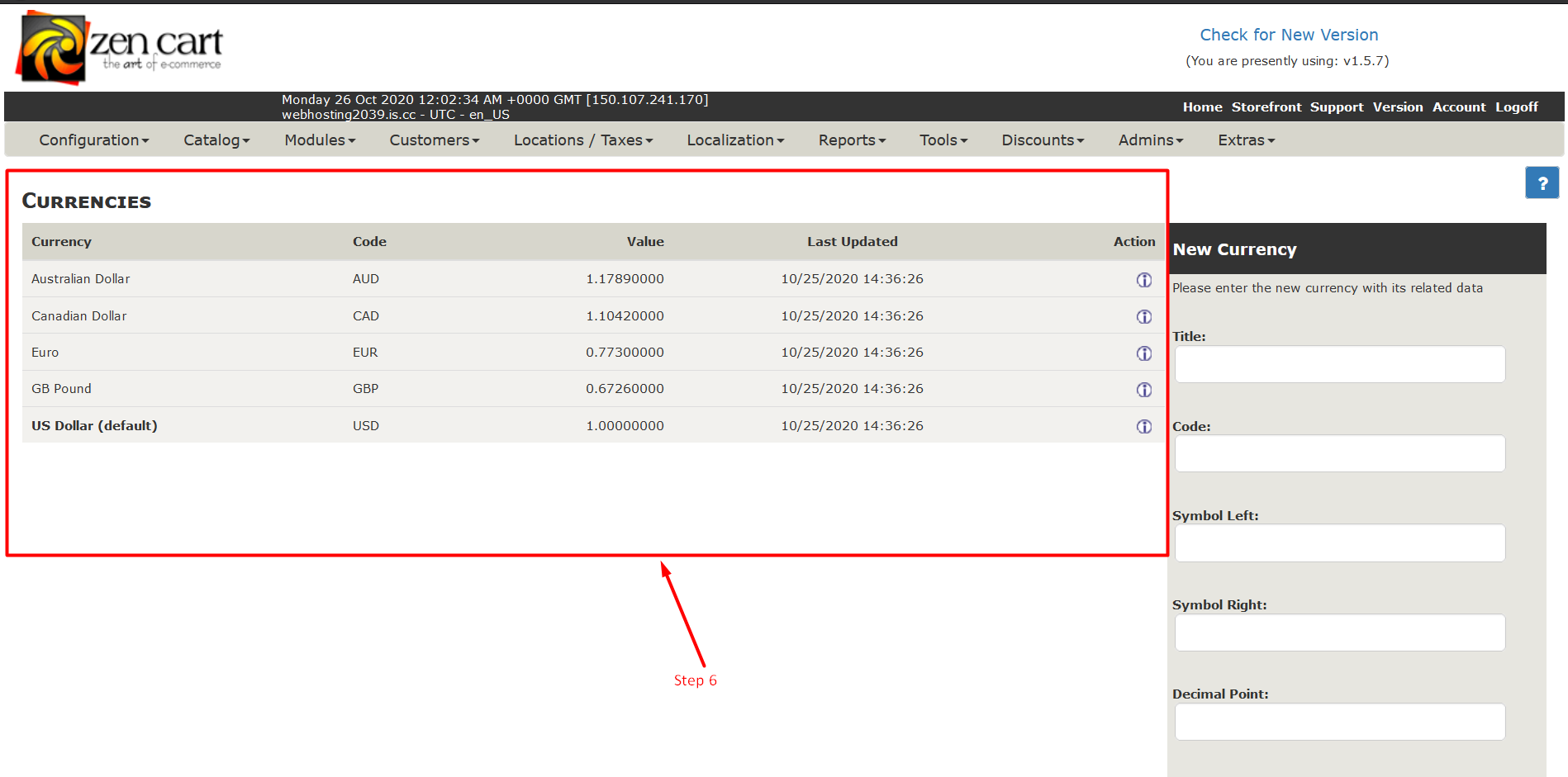 How to add currencies in Zencart - Step 6