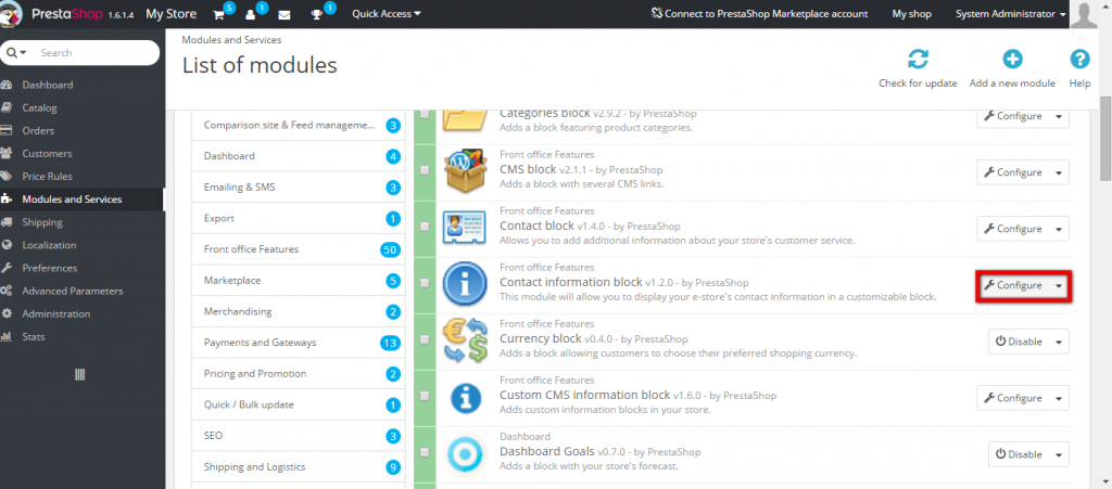 contact us information in prestashop
