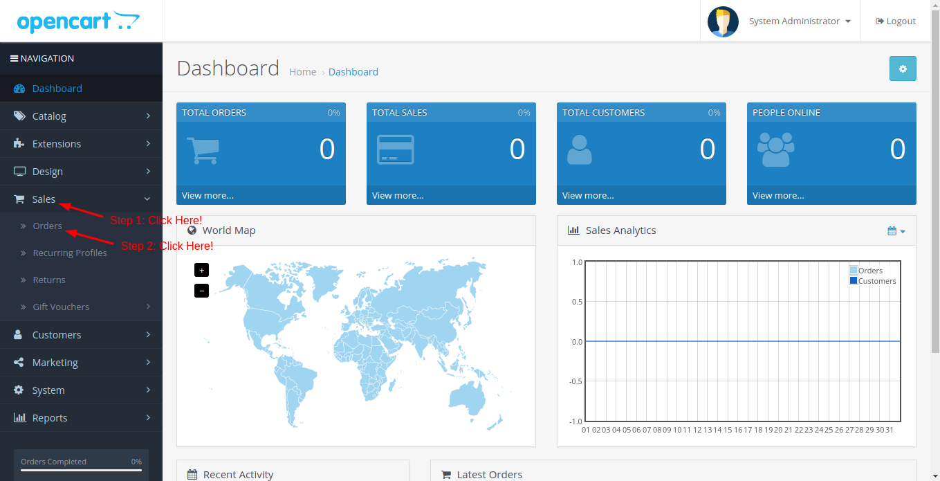 Create an order manually in OpenCart - Step 1