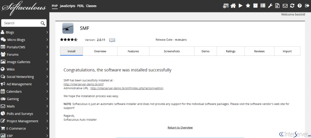 Install SMF from softaculous