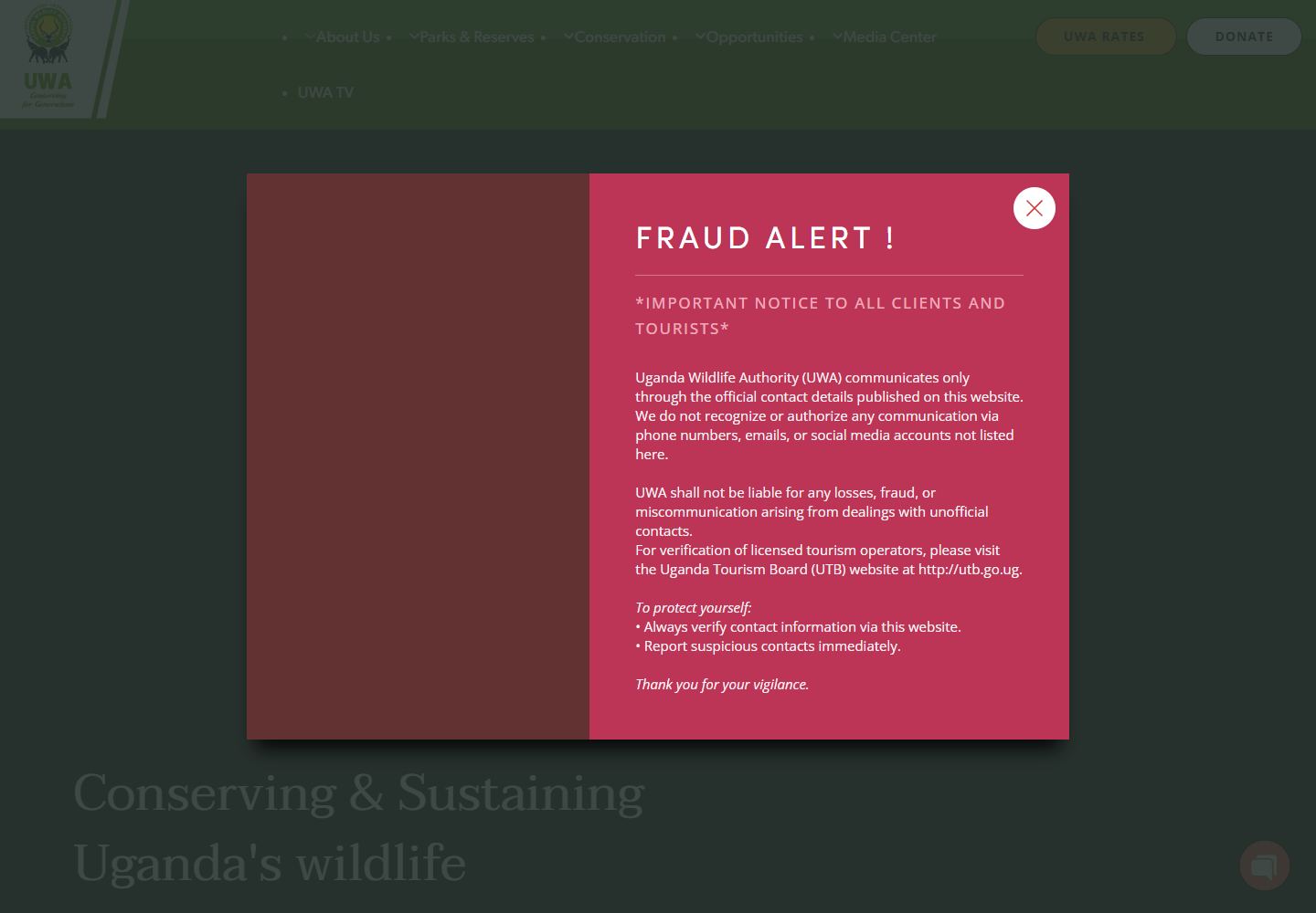 Uganda Wildlife Authority website homepage screenshot